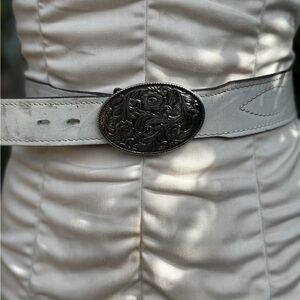 Vintage White Leather Belt with Ornate Silver Buckle